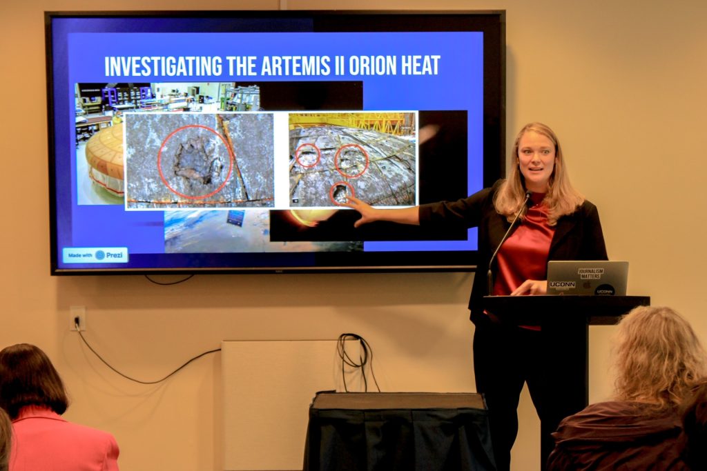 Jackie Wattles, a CNN space and science reporter and UConn Journalism graduate, was the keynote speaker in April at the department’s annual scholarship awards reception. Photo by Gavin Foster