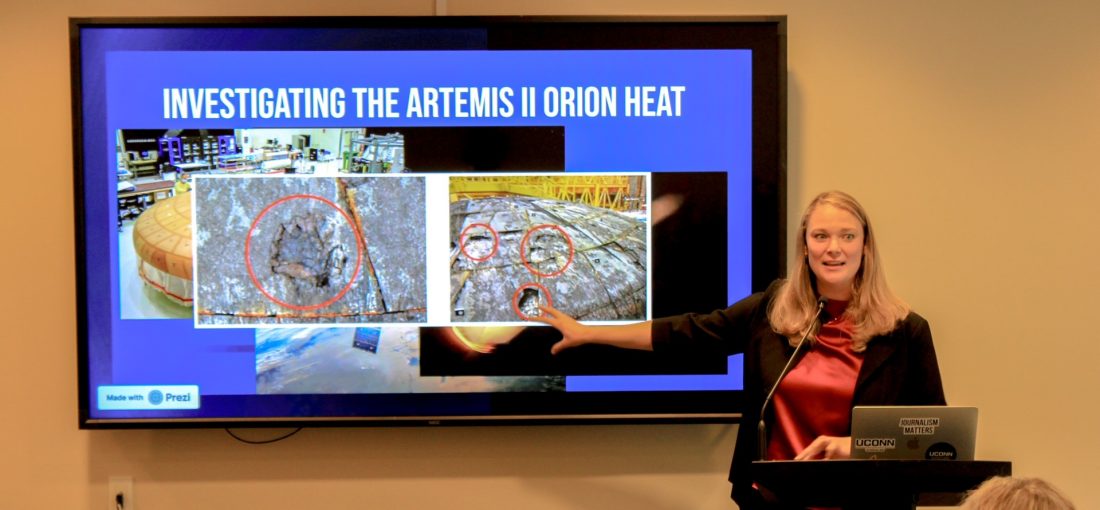 Jackie Wattles, a CNN space and science reporter and UConn Journalism graduate, was the keynote speaker in April at the department’s annual scholarship awards reception. Photo by Gavin Foster